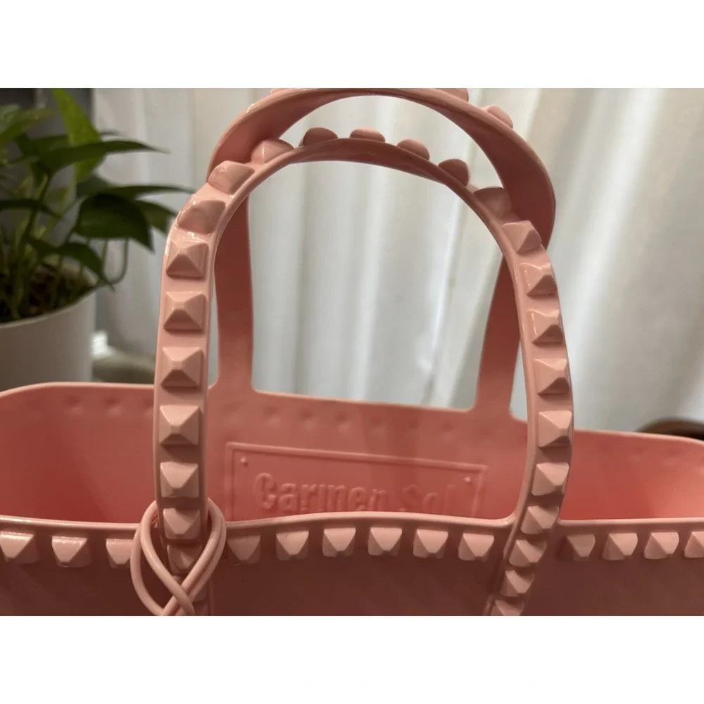 Carmen Sol Pink Studded Plastic Tote Bag for Women with Bag Charm Top Handle